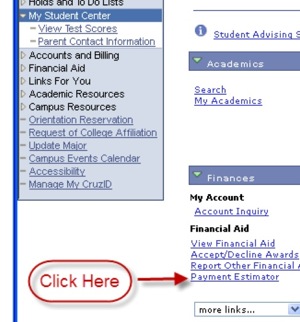 MyUCSC screenshot showing Payment Estimator link